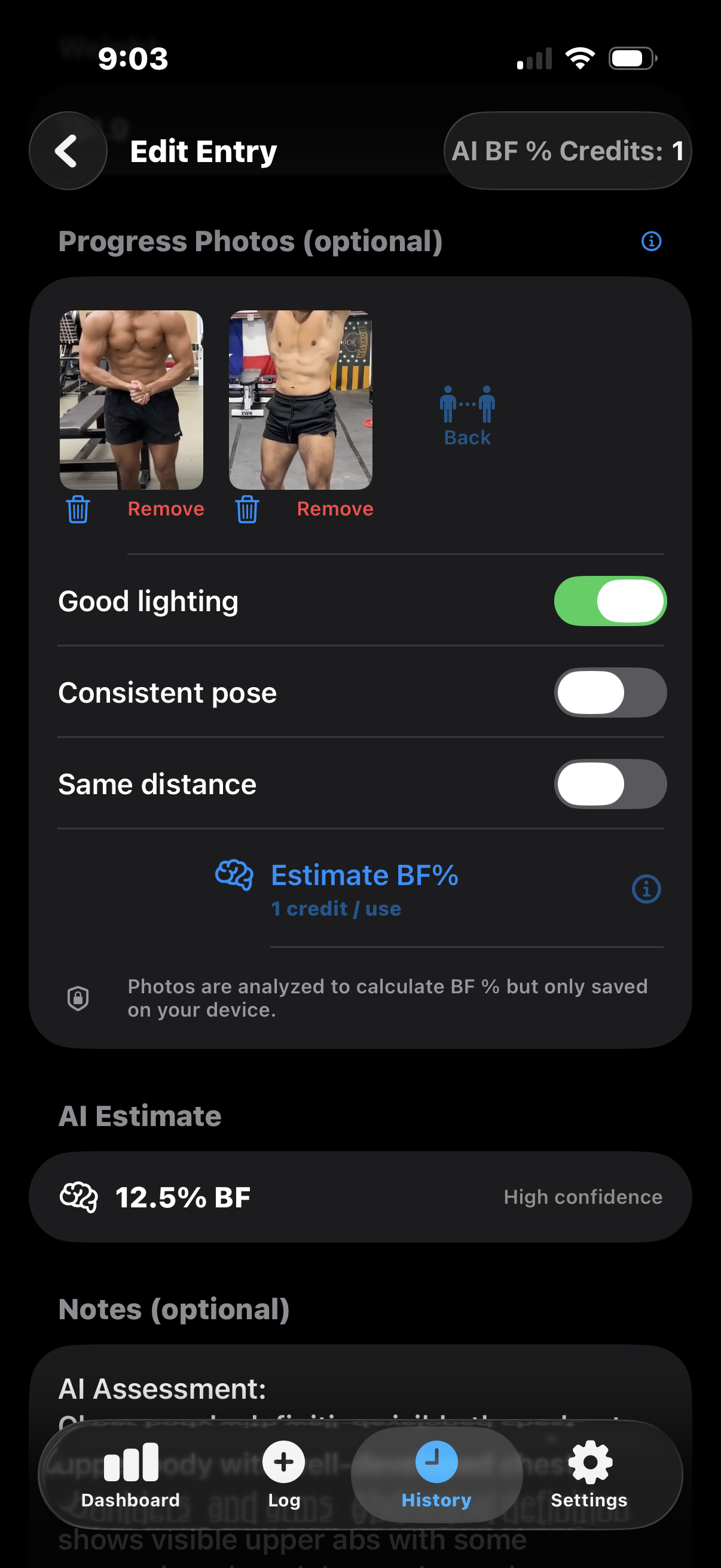 CutJournal AI daily entry screen for logging weight and body measurements